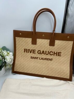 Saint Laurent Rive Gauche  Tote in Tan and Natural sand RAFFIA BRICK LEATHER